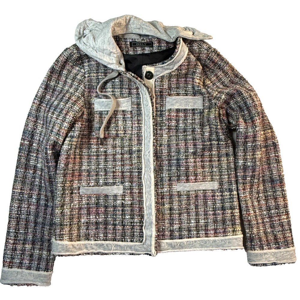 Orly Y2K Boucle Tweed Jacket Hooded Women M Multicolor Preppy Old Money Academia